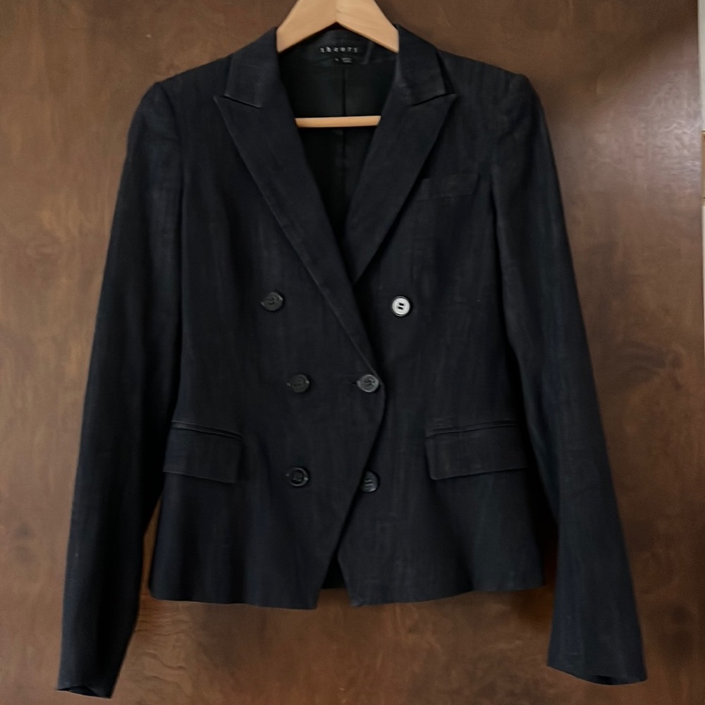 Double breasted dark chambray blazer and pants suit